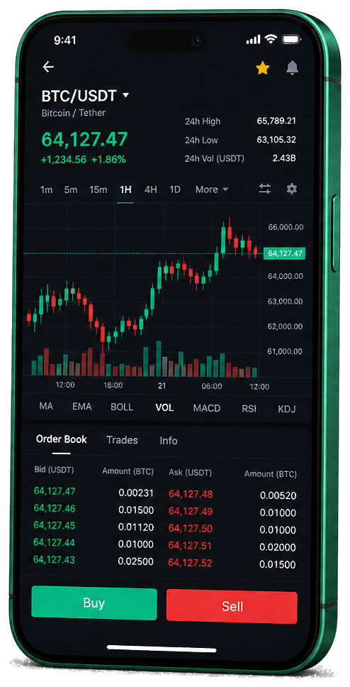 Albion Credmere mobile trading platform — live BTC/USDT chart, order book and buy/sell interface